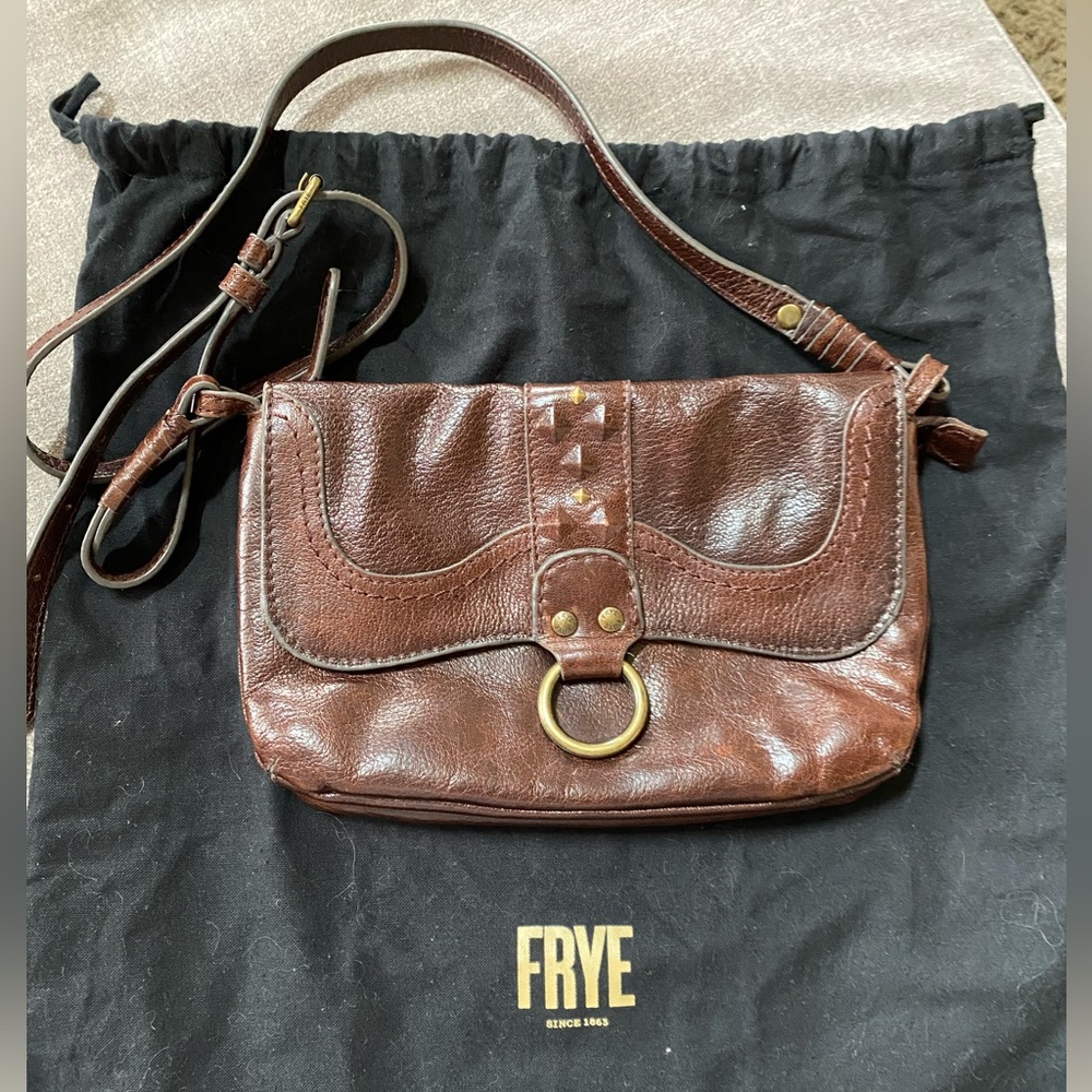 FRYE studded brown leather crossbody bag. EUC.